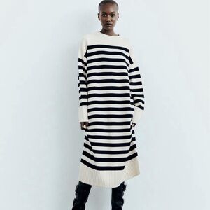 Zara Black and Cream Raglan Sleeve Midi Dress